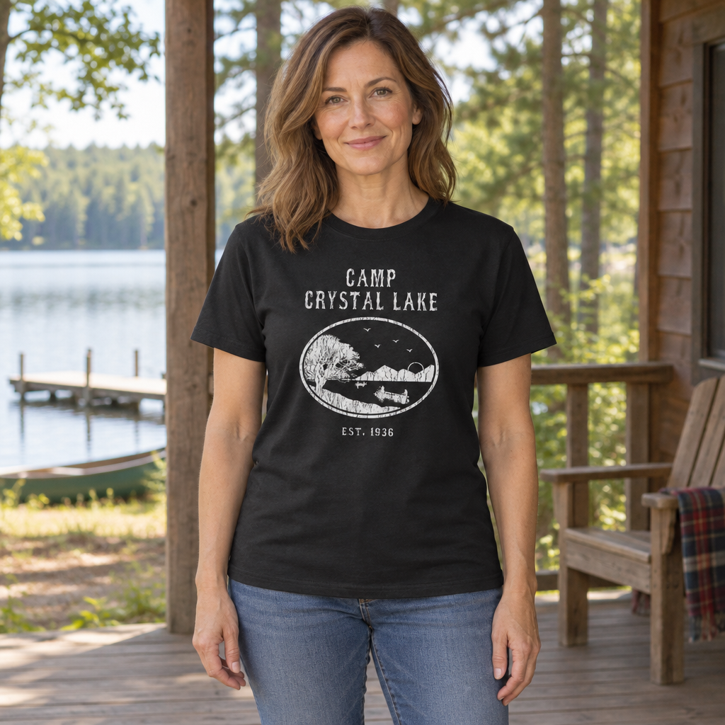Camp Crystal Lake Scenic Emblem — Black T-Shirt — lifestyle hero