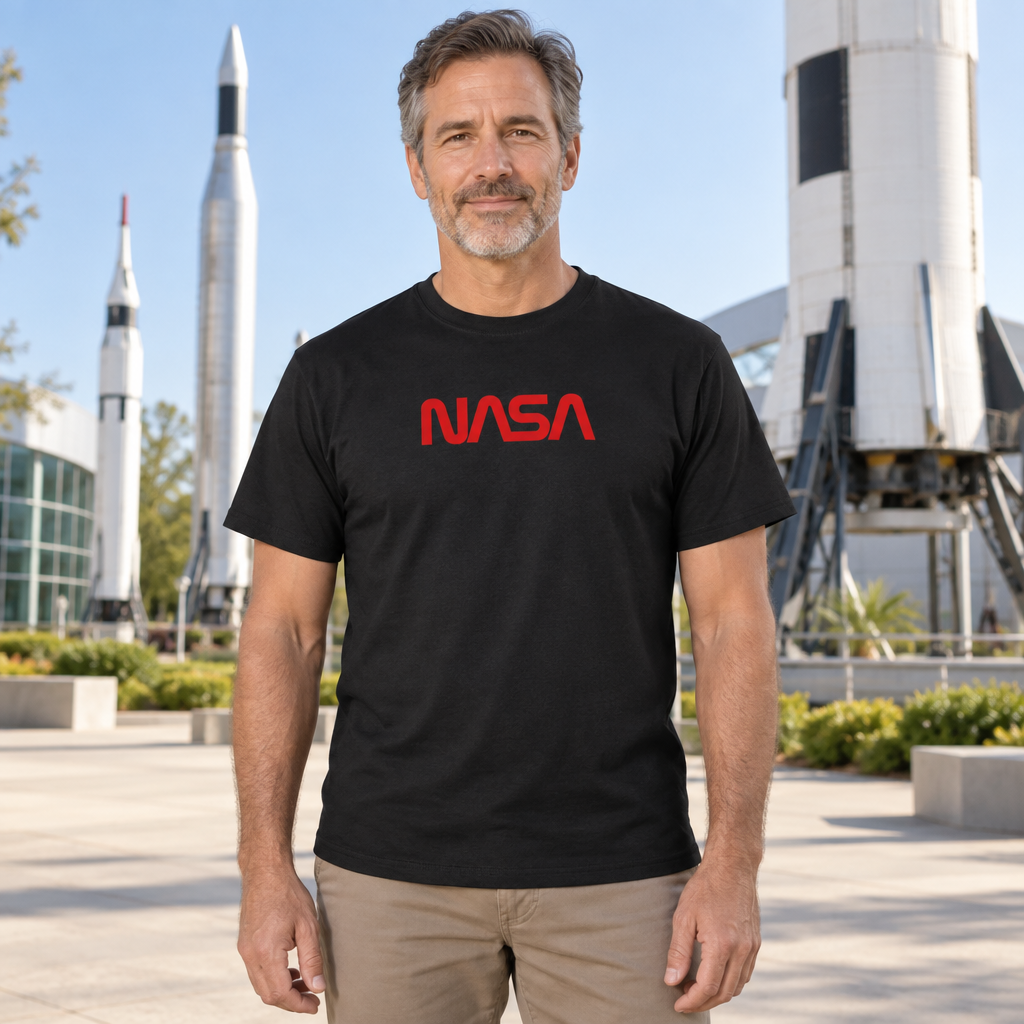 NASA Red Worm Lettering — Black T-Shirt — lifestyle hero