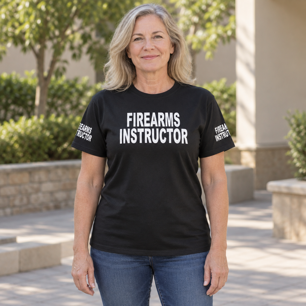 Firearms Instructor Front and Sleeve Lettering — Black T-Shirt — lifestyle hero