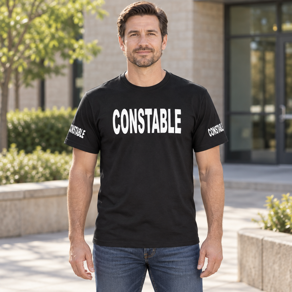 Constable Front and Sleeve Lettering — Black T-Shirt — lifestyle hero