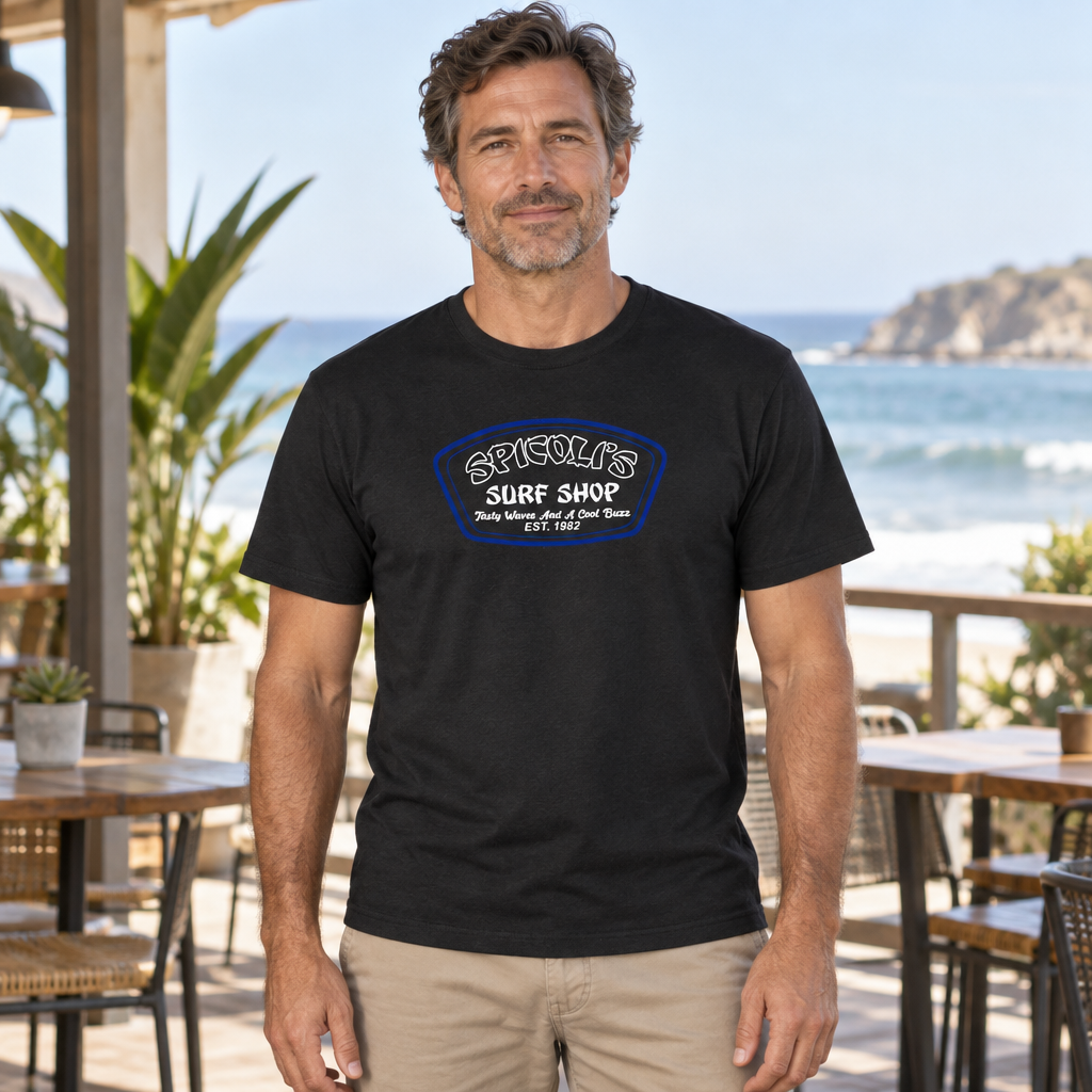 Spicoli's Surf Shop — Black T-Shirt — lifestyle hero