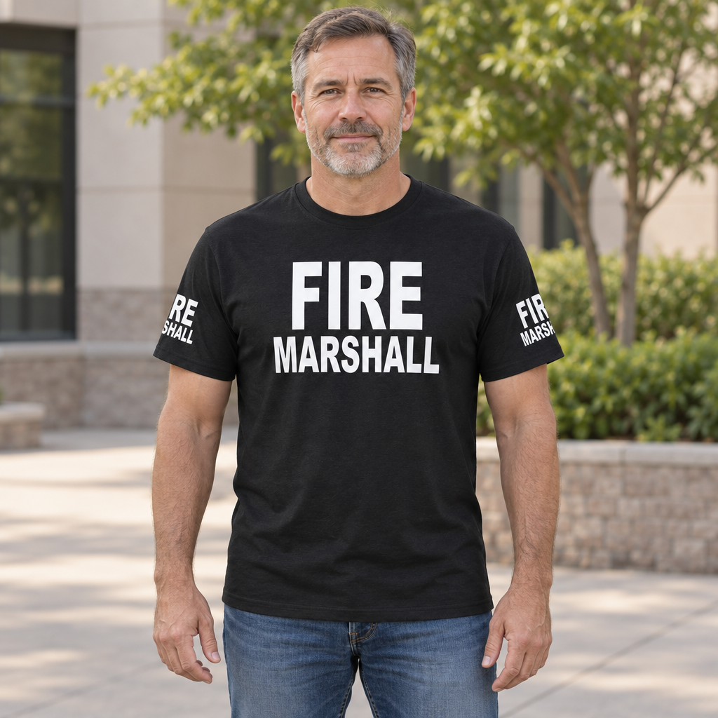 Fire Marshall Front and Sleeve Lettering — Black T-Shirt — lifestyle hero