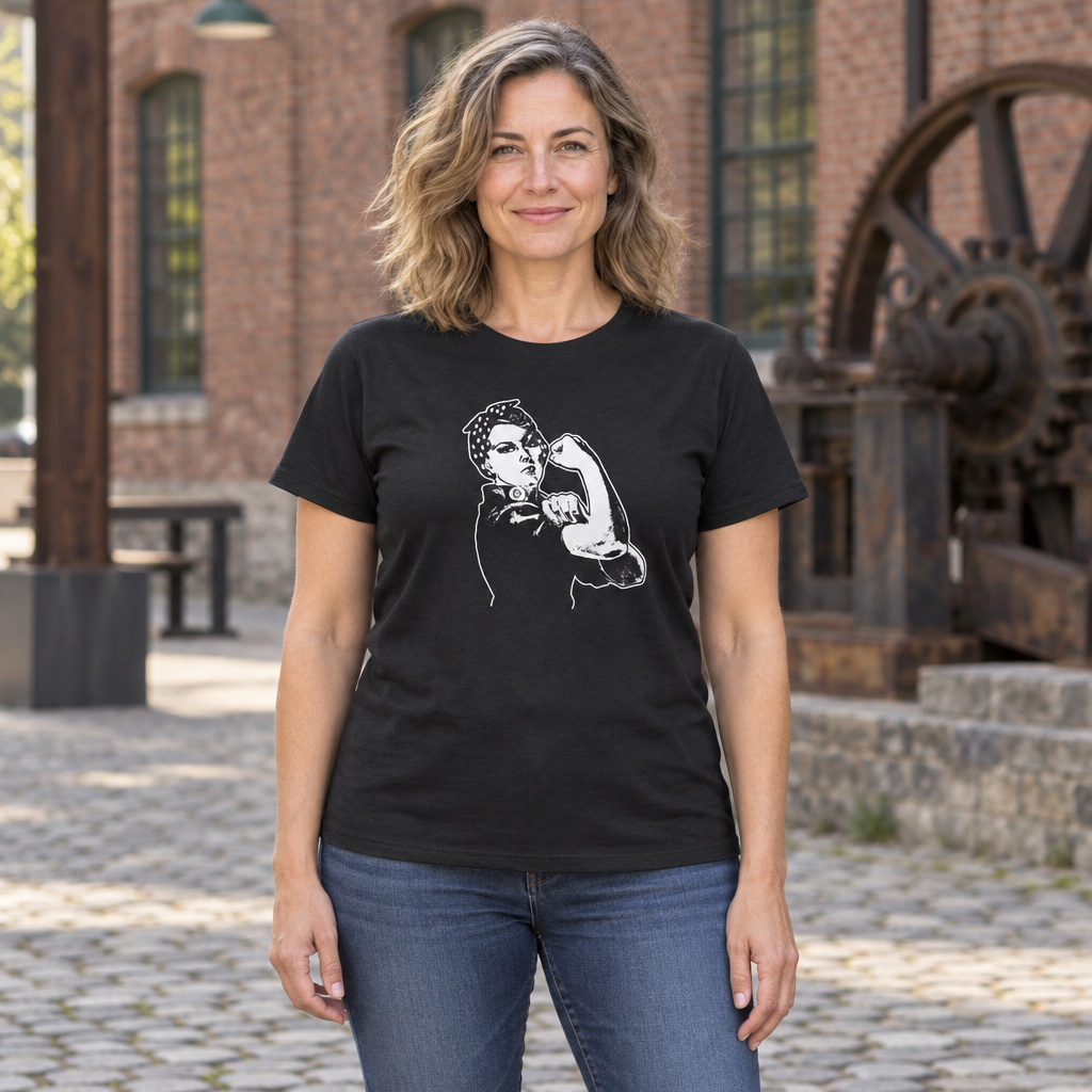 Rosie Riveter Illustration — Black T-Shirt — lifestyle hero