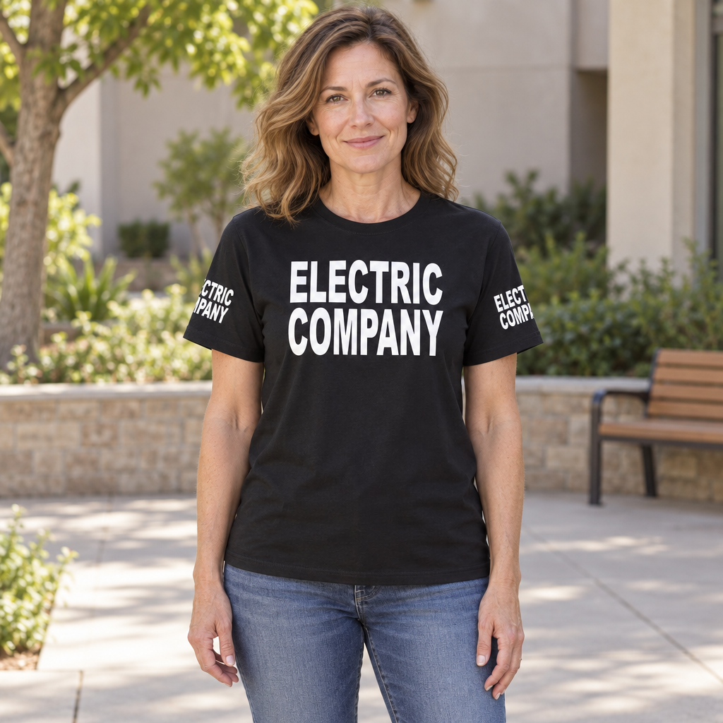 Electric Company Front and Sleeve Lettering — Black T-Shirt — lifestyle hero