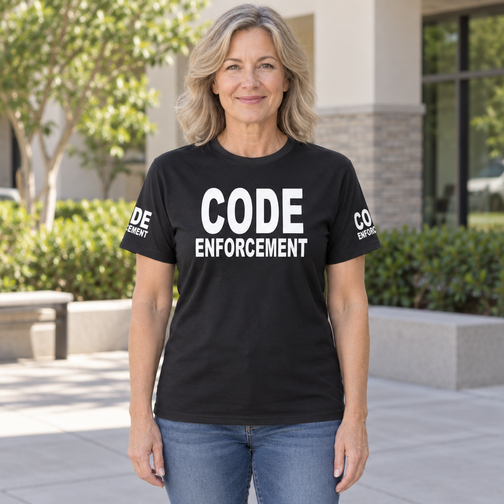 Code Enforcement Front and Sleeve Lettering — Black T-Shirt — lifestyle hero