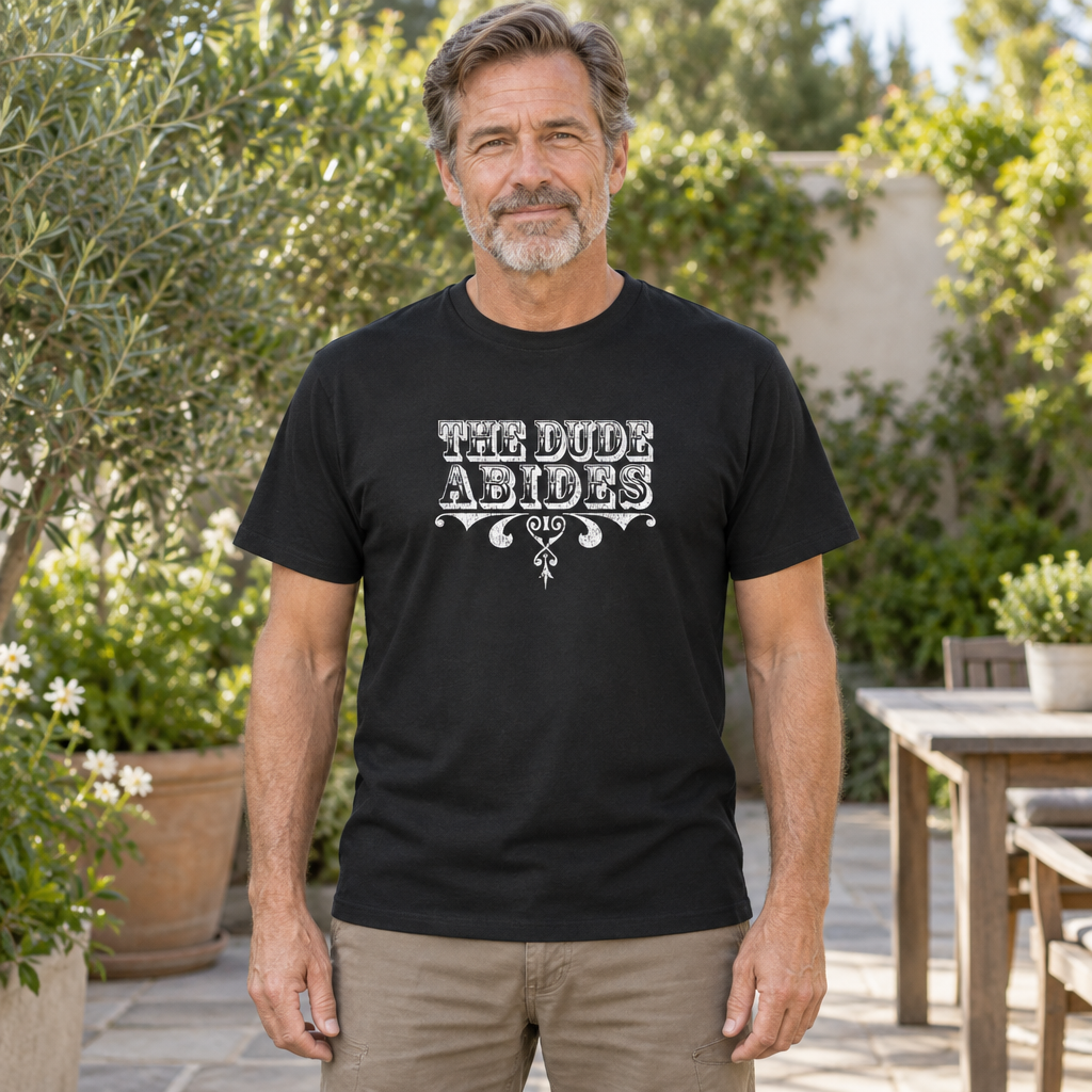 The Dude Abides Decorative Lettering — Black T-Shirt — lifestyle hero