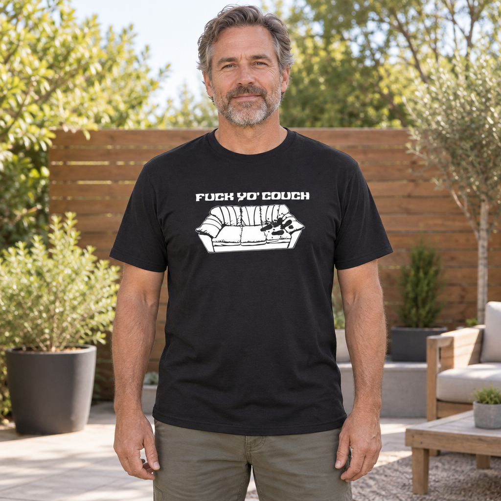 Fuck Yo Couch — Black T-Shirt — lifestyle hero