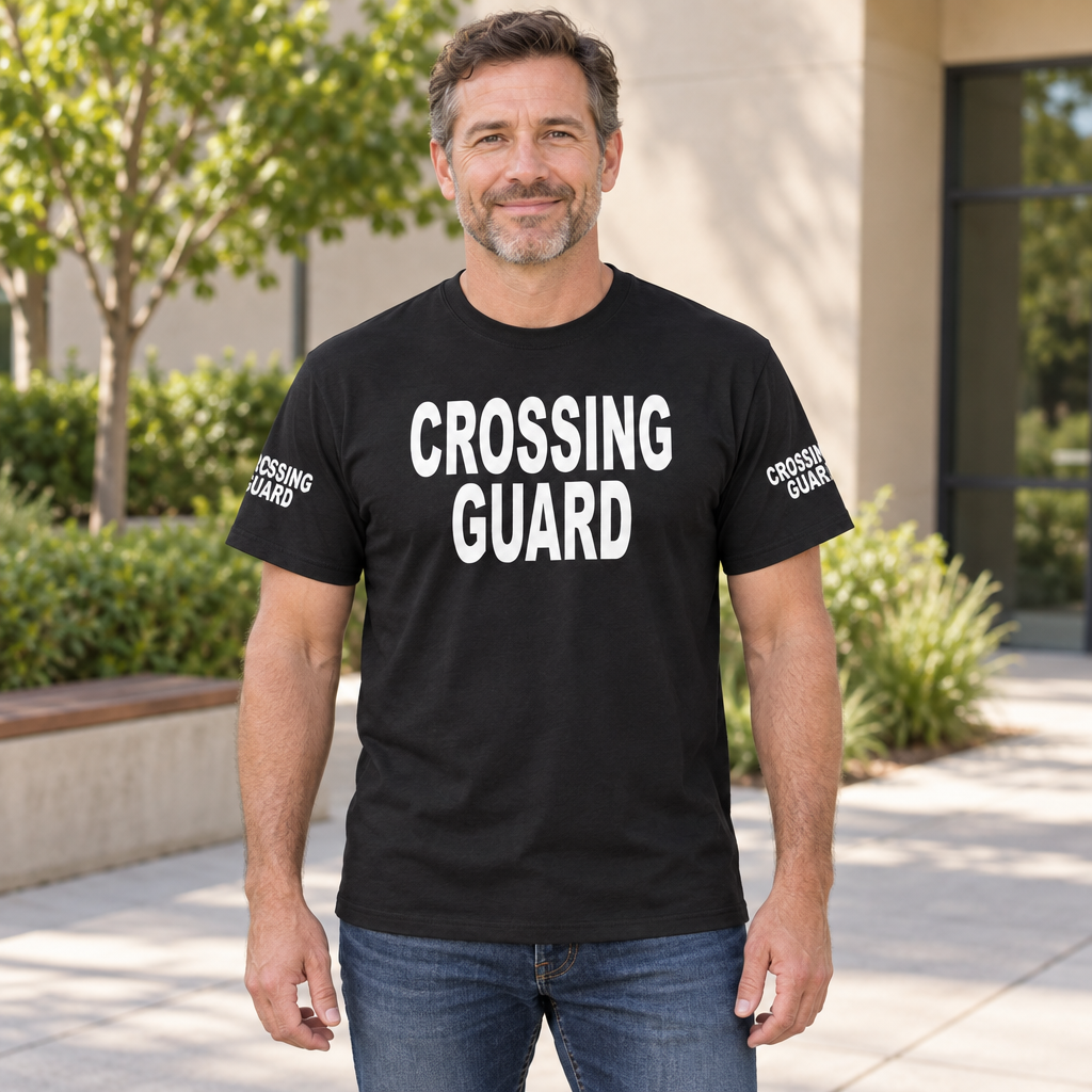 Crossing Guard Front and Sleeve Lettering — Black T-Shirt — lifestyle hero
