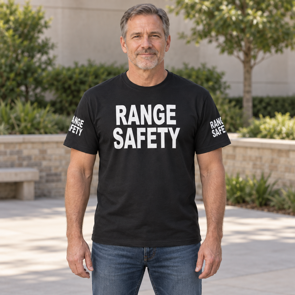 Range Safety Front and Sleeve Lettering — Black T-Shirt — lifestyle hero
