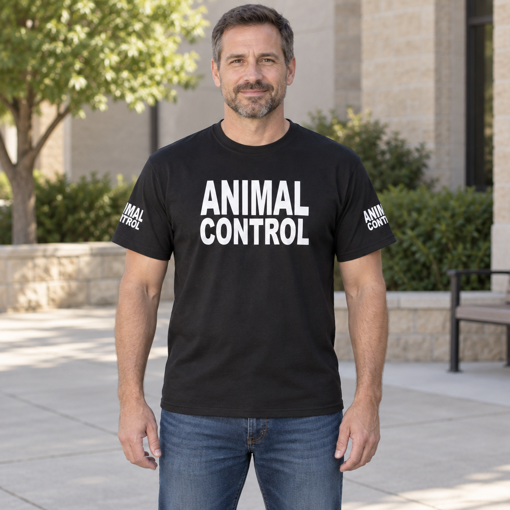 Animal Control Front and Sleeve Lettering — Black T-Shirt — lifestyle hero