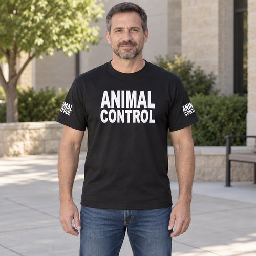Animal Control Front and Sleeve Lettering — Black T-Shirt — lifestyle hero