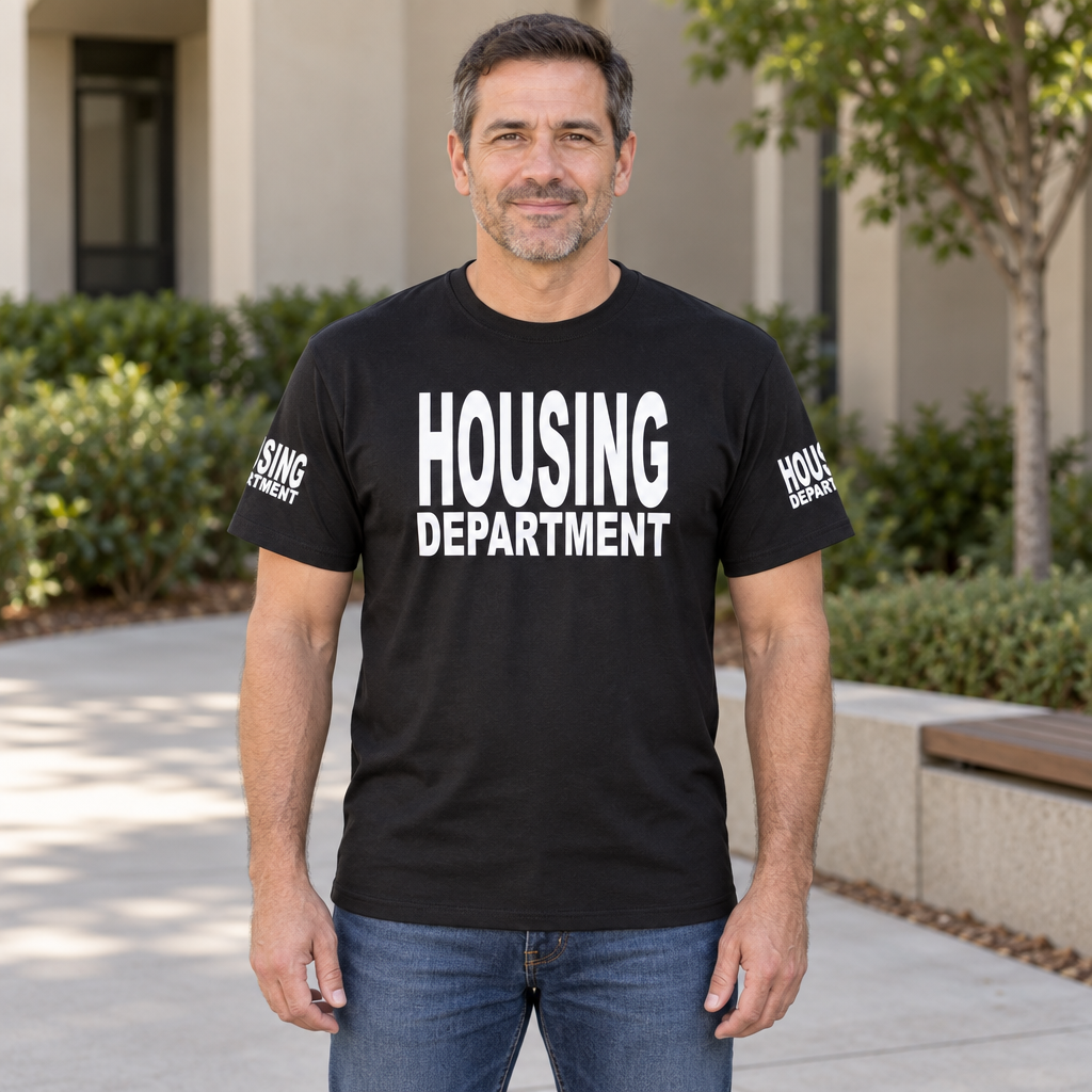 Housing Department Front and Sleeve Lettering — Black T-Shirt — lifestyle hero