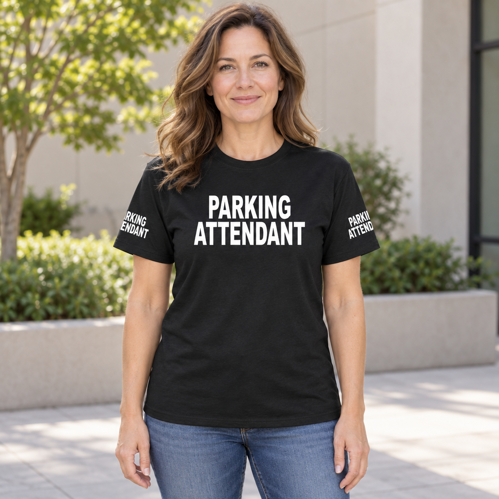 Parking Attendant Front and Sleeve Lettering — Black T-Shirt — lifestyle hero