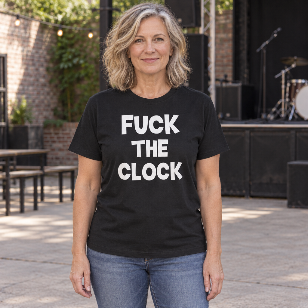 Fuck the Clock — Black T-Shirt — lifestyle hero