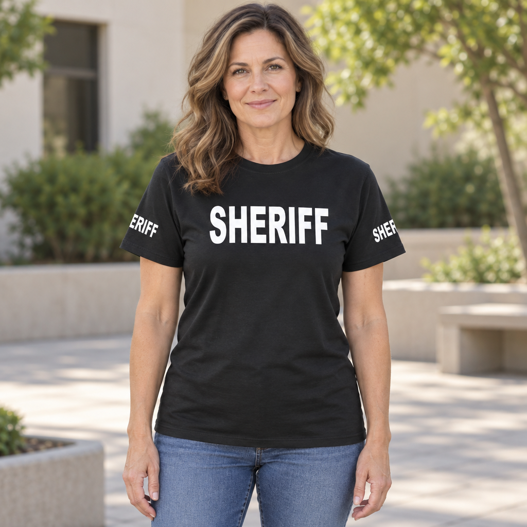 Sheriff Front and Sleeve Lettering — Black T-Shirt — lifestyle hero