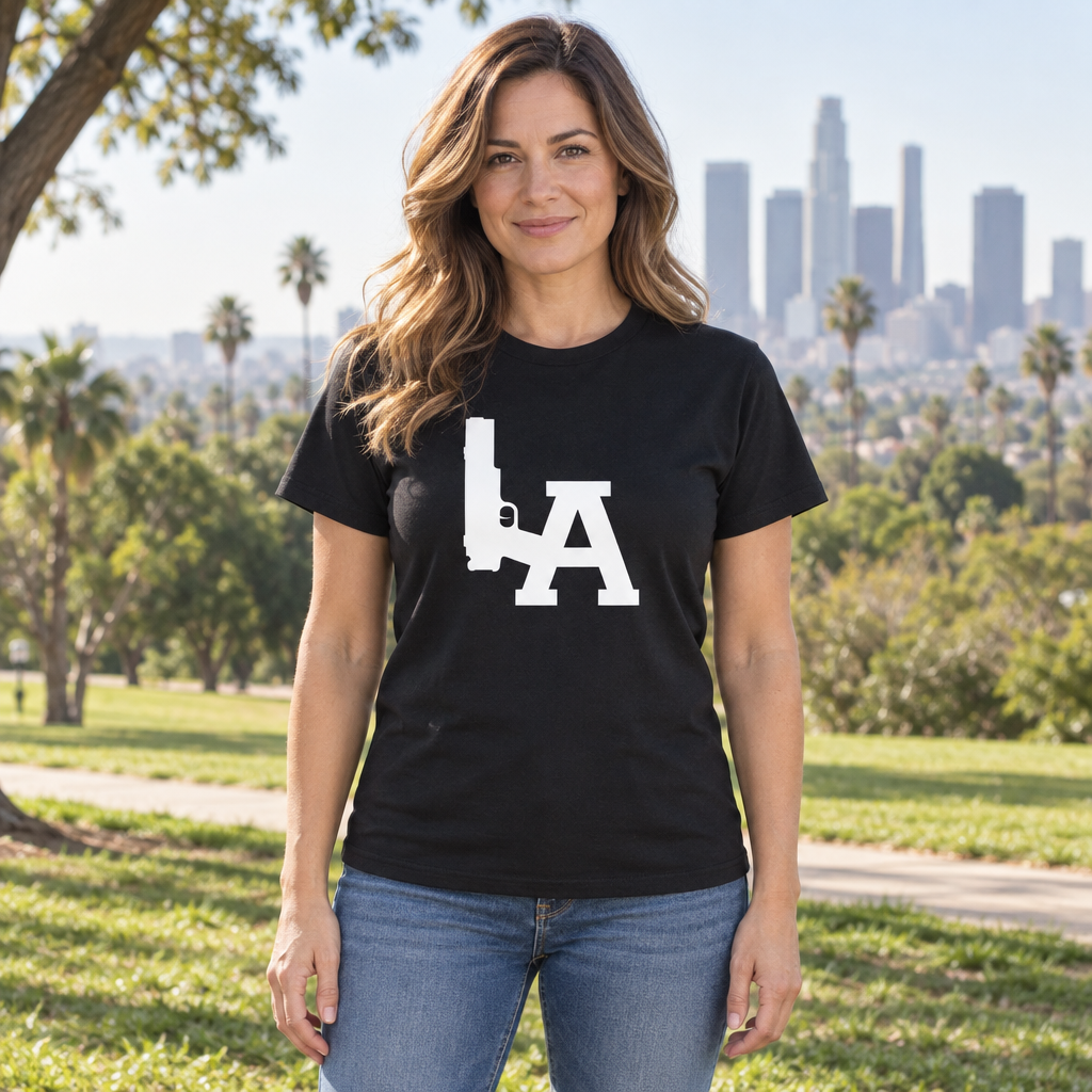 LA Lettering Graphic — Black T-Shirt — lifestyle hero