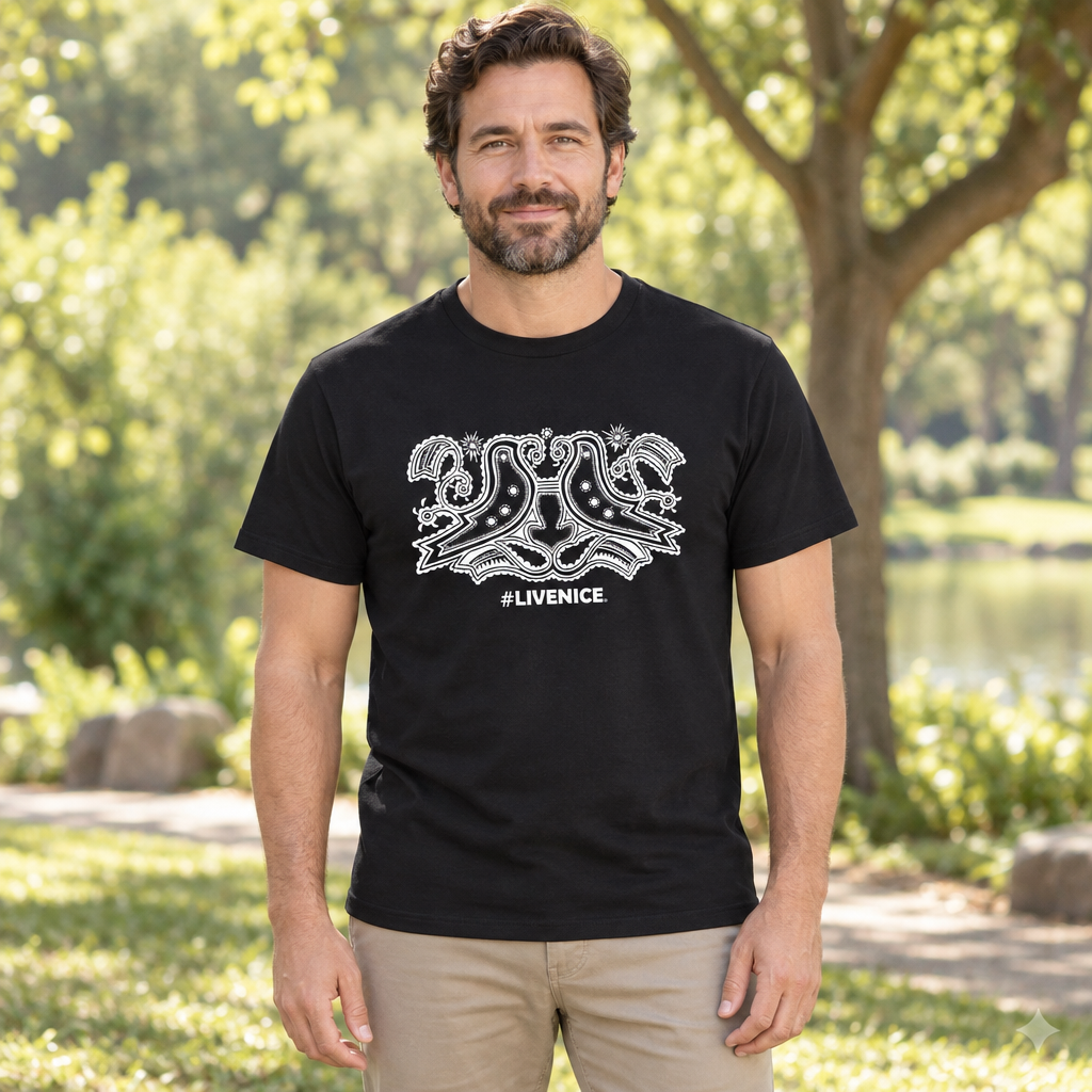 Live Nice Love Birds — Black T-Shirt — lifestyle hero