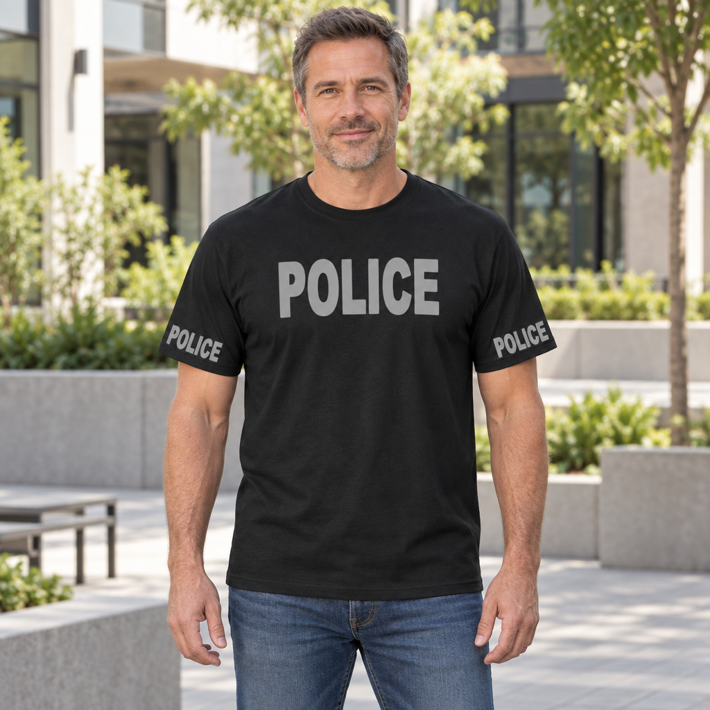 Police Front and Sleeve Print — Black T-Shirt — lifestyle hero