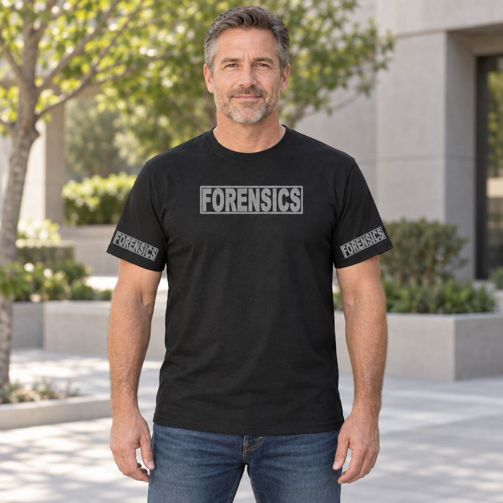 Forensics Front and Sleeve Print — Black T-Shirt — lifestyle hero