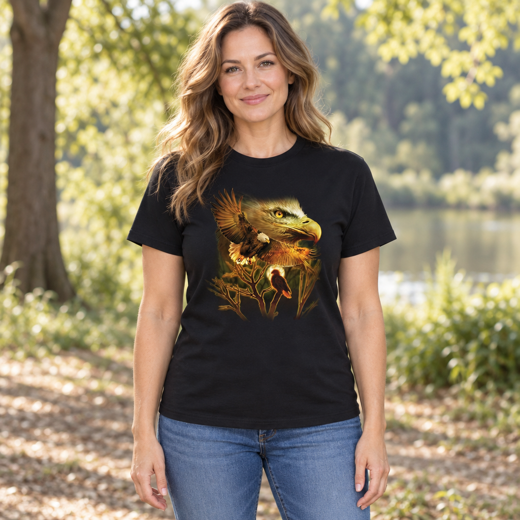 Bald Eagle Portrait — Black T-Shirt — lifestyle hero