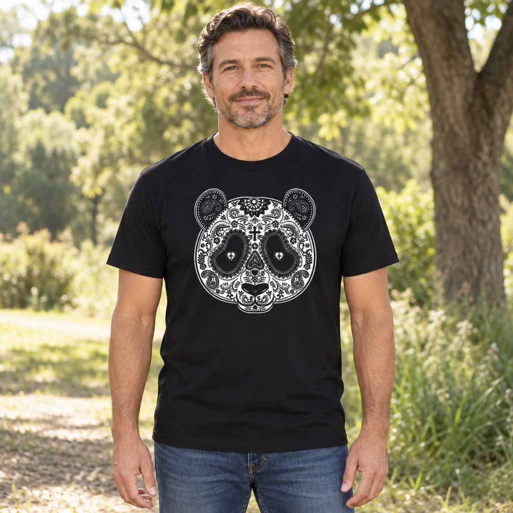 Decorative Panda Skull — Black T-Shirt — lifestyle hero