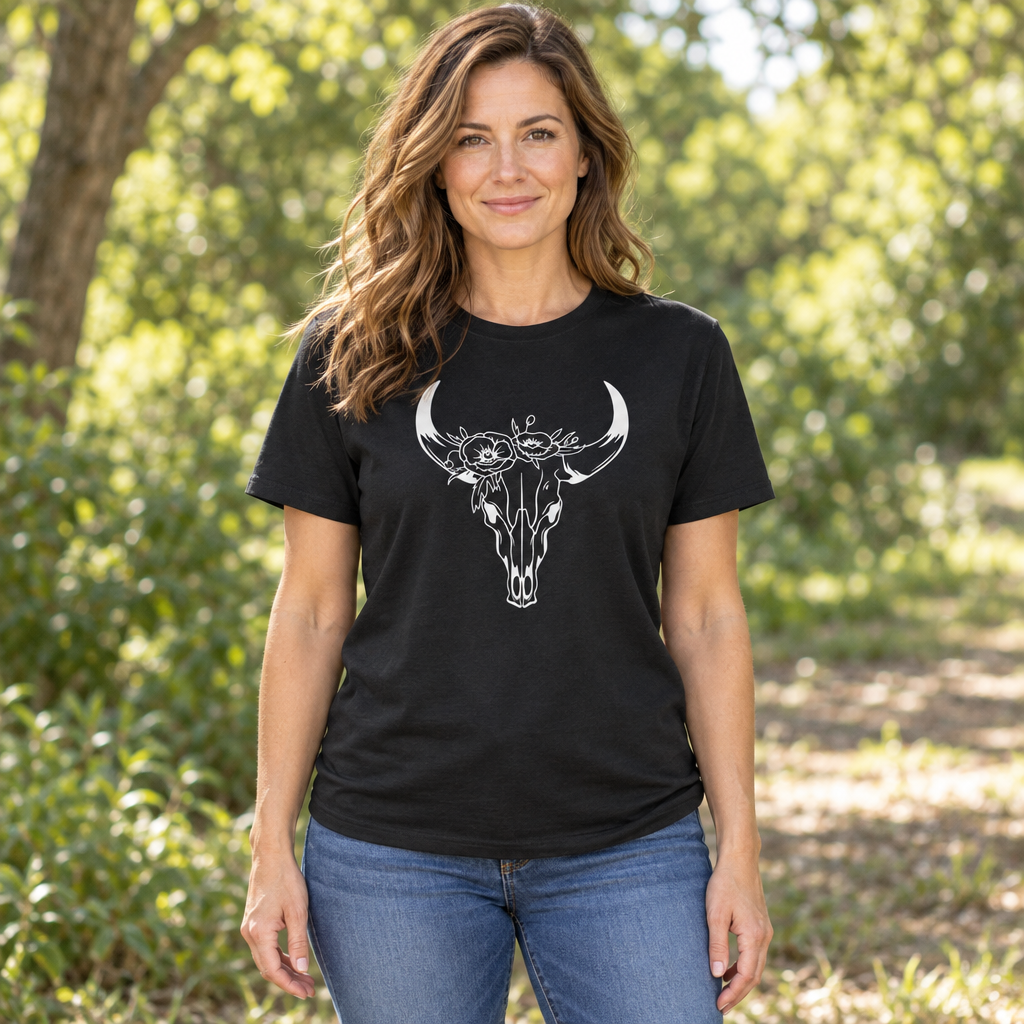 Floral Bull Skull — Black T-Shirt — lifestyle hero