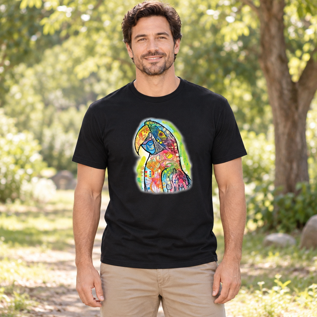 Colorful Macaw — Black T-Shirt — lifestyle hero