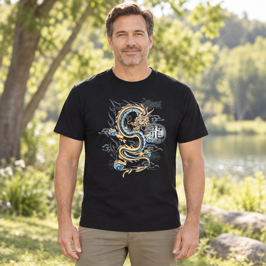 Blue and Gold Dragon — Black T-Shirt — lifestyle hero