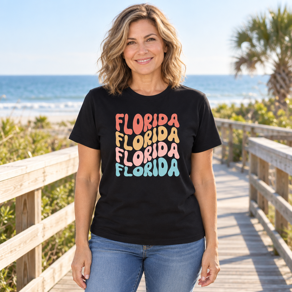 Florida Colorful Lettering — Black T-Shirt — lifestyle hero