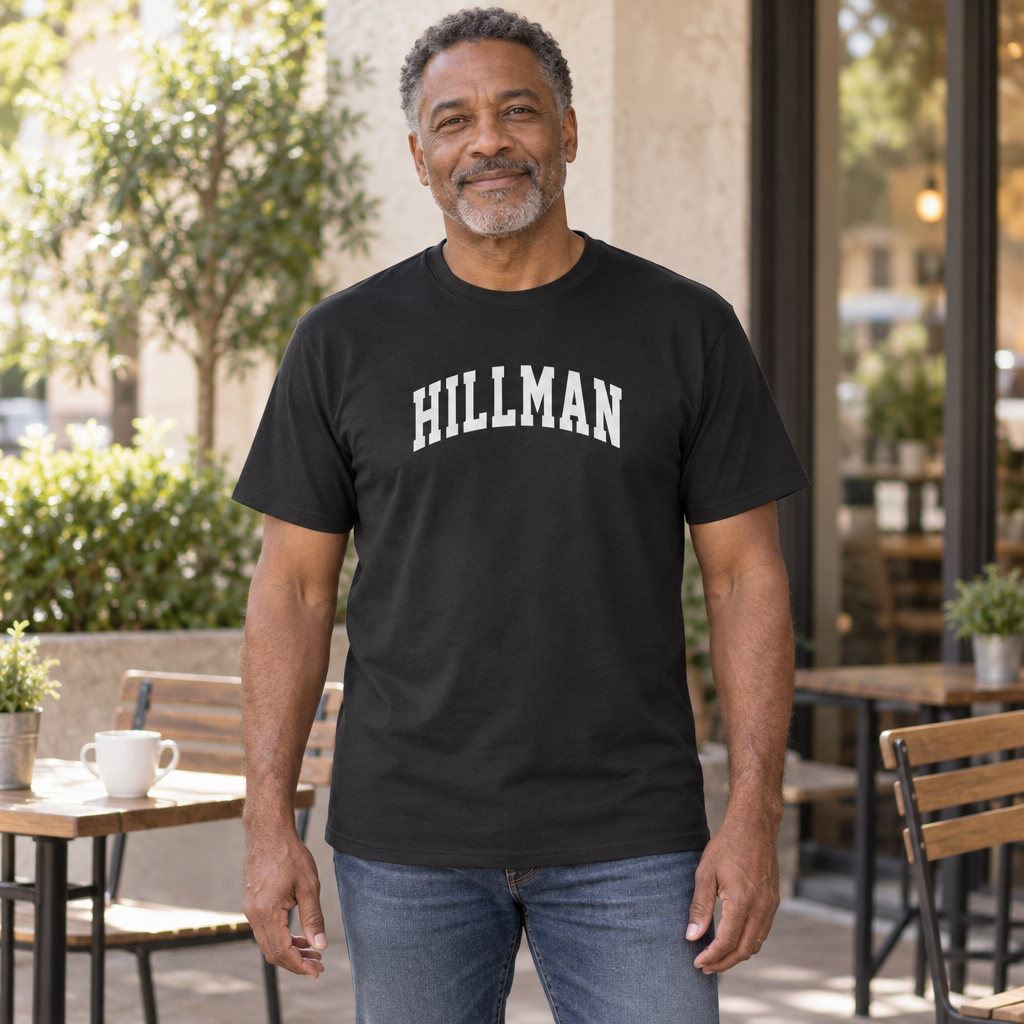Hillman Collegiate Lettering — Black T-Shirt — lifestyle hero