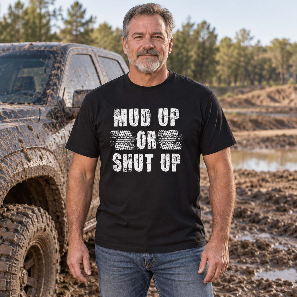 Mud Up or Shut Up — Black T-Shirt — lifestyle hero