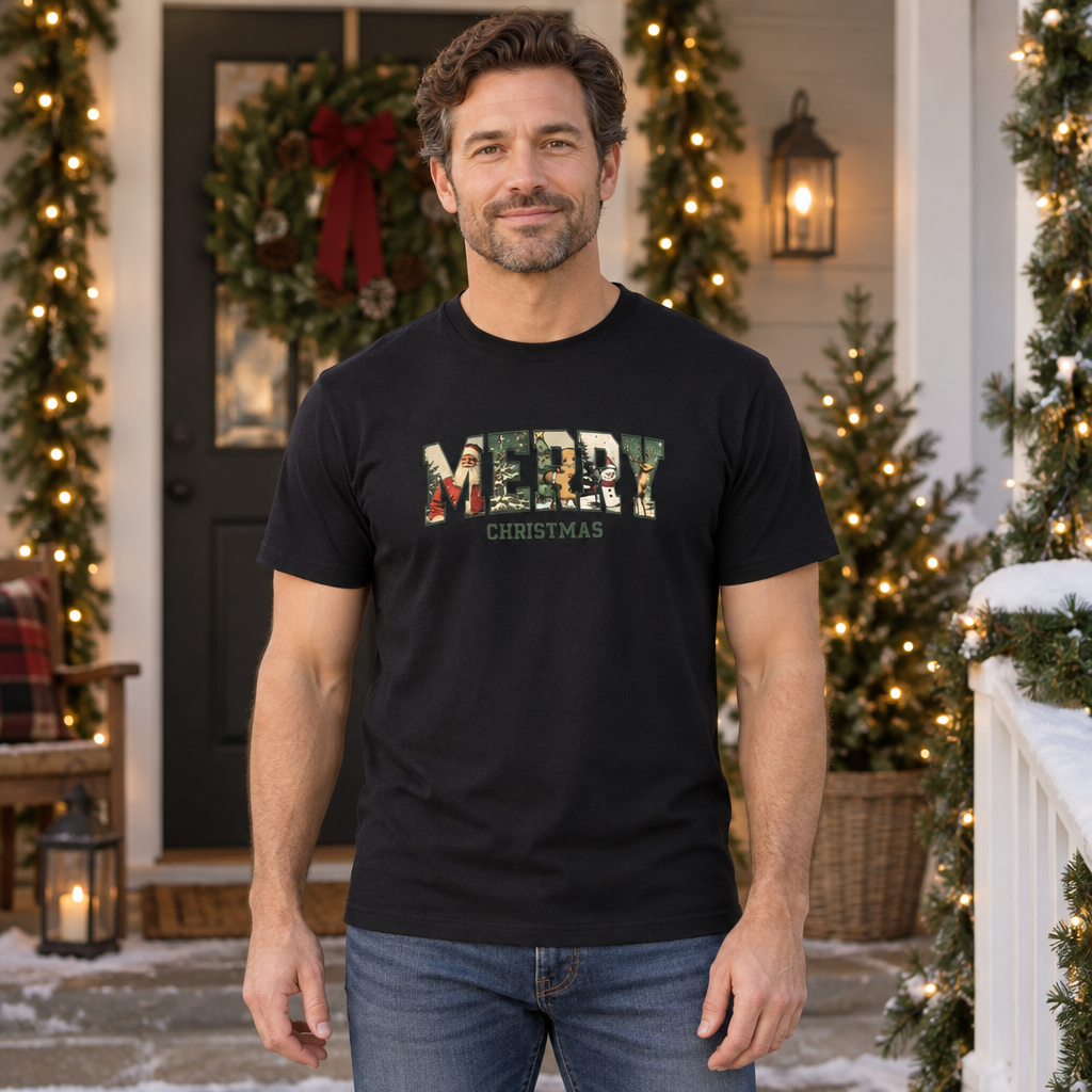 Vintage Merry Christmas — Black T-Shirt — lifestyle hero