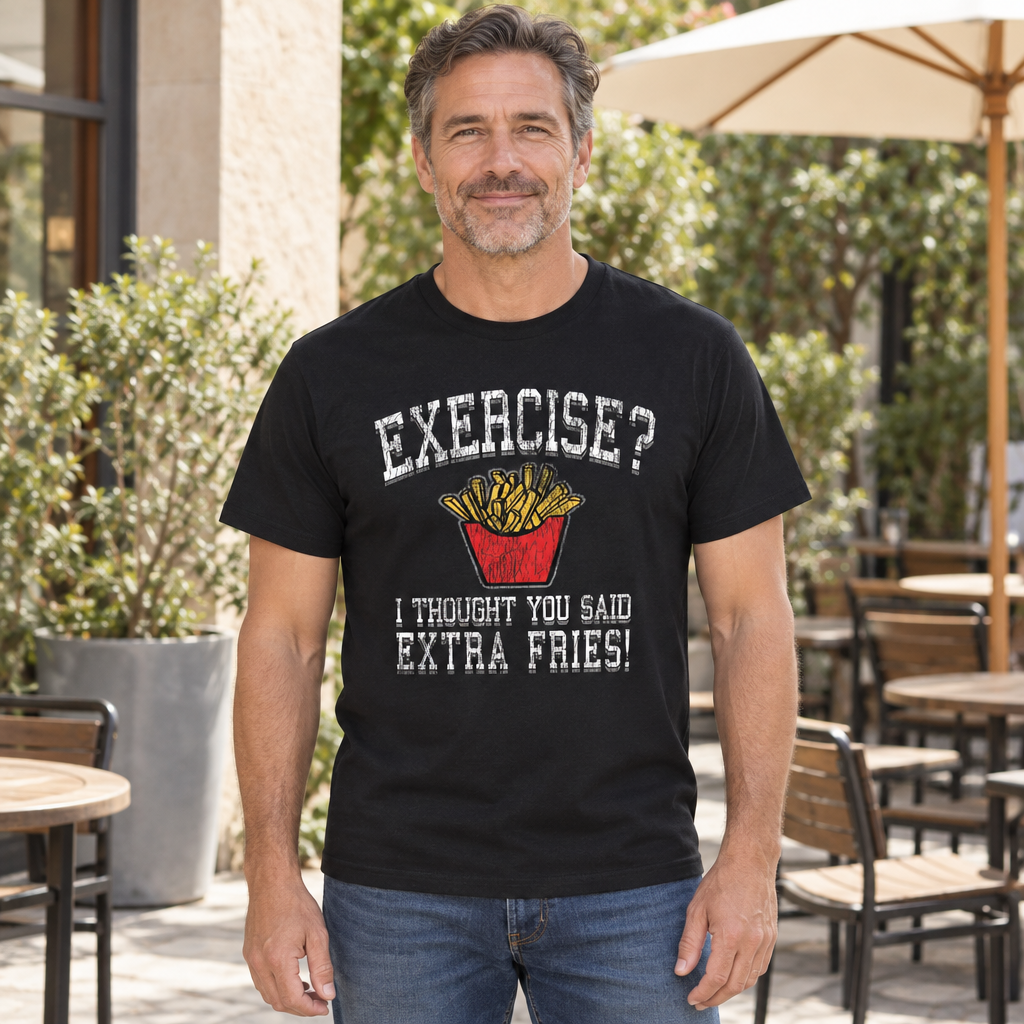 Exercise I Thought You Said Extra Fries — Black T-Shirt — lifestyle hero