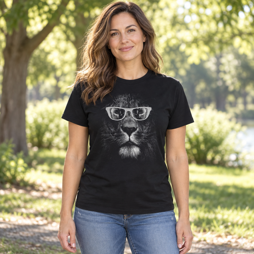 Lion with Glasses — Black T-Shirt — lifestyle hero