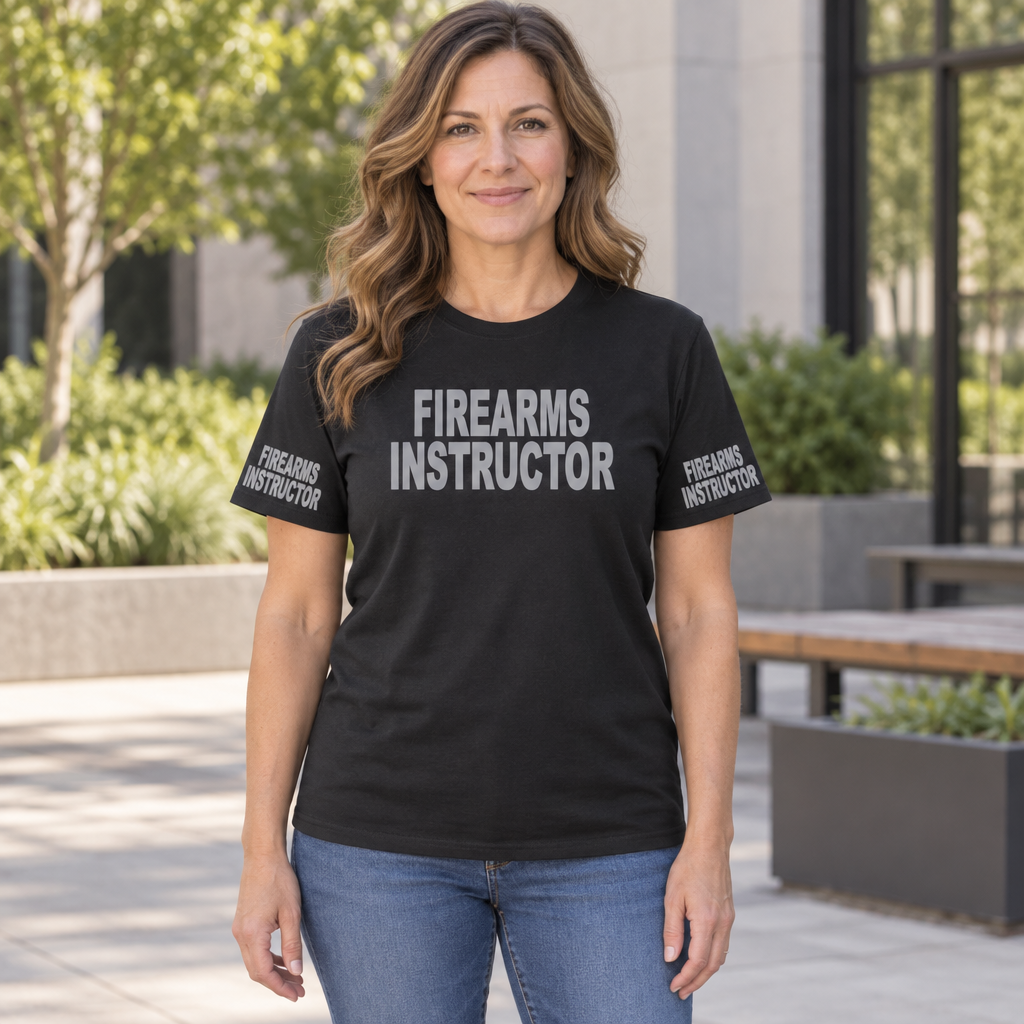 Firearms Instructor Front and Sleeve Print — Black T-Shirt — lifestyle hero