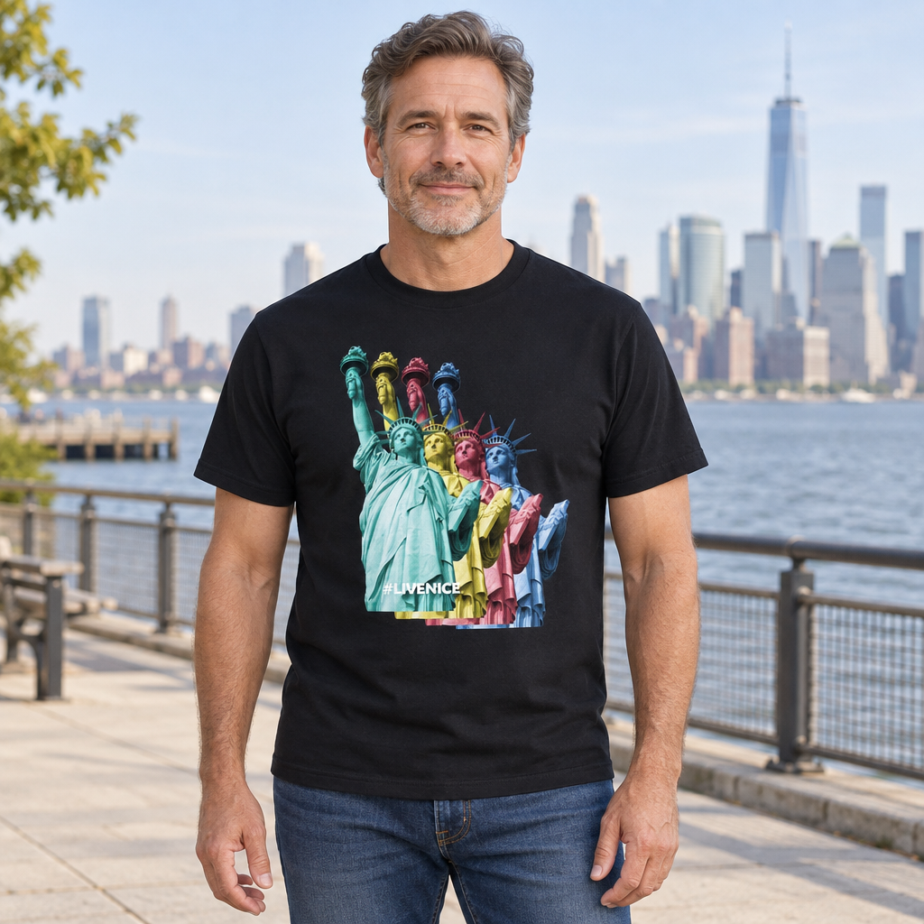 Colorful Statue of Liberty — Black T-Shirt — lifestyle hero