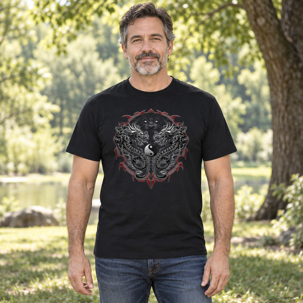 Yin Yang Dragons — Black T-Shirt — lifestyle hero