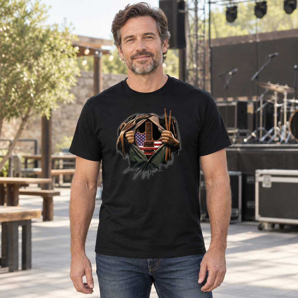 Guitar and Drums Torn Shirt — Black T-Shirt — lifestyle hero