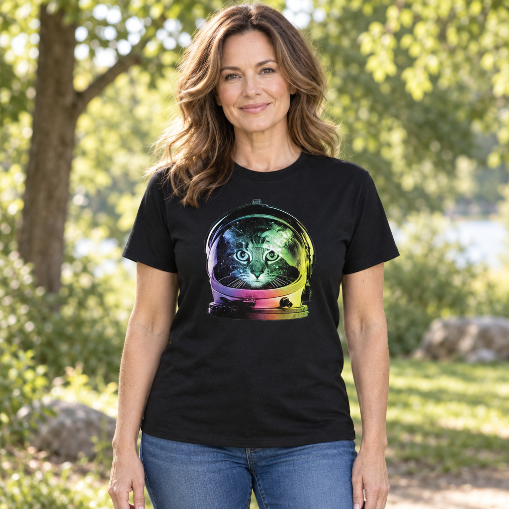 Astronaut Cat — Black T-Shirt — lifestyle hero
