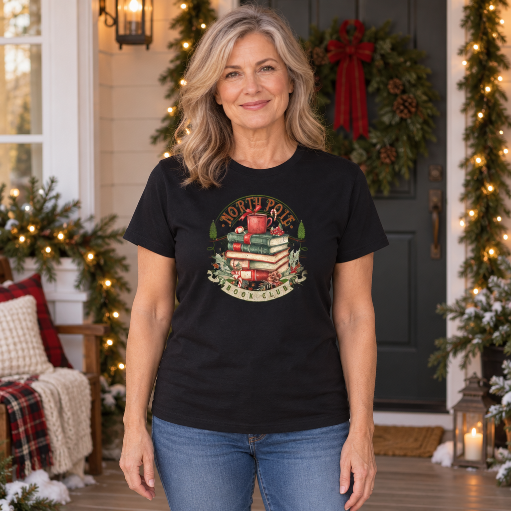 North Pole Book Club — Black T-Shirt — lifestyle hero