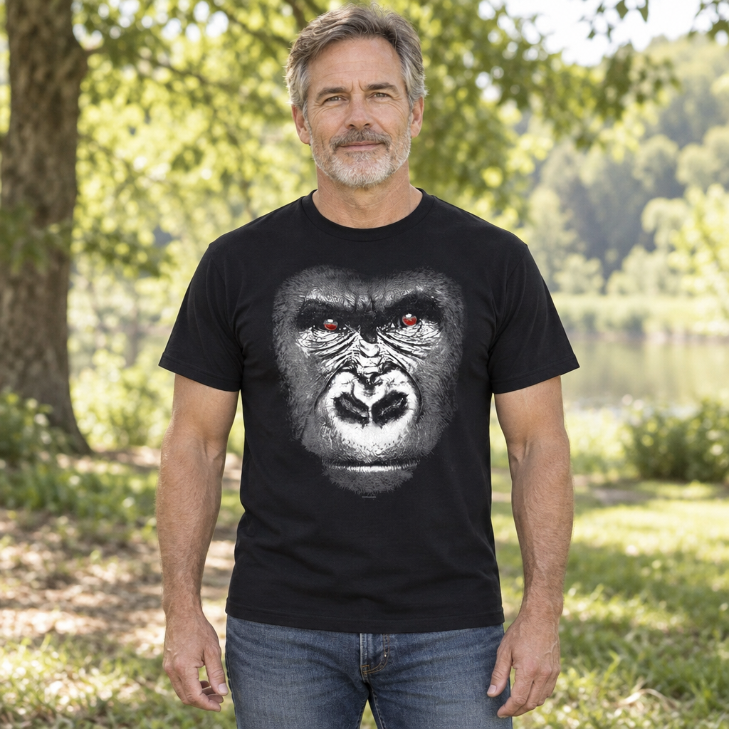 Silverback Gorilla Portrait — Black T-Shirt — lifestyle hero
