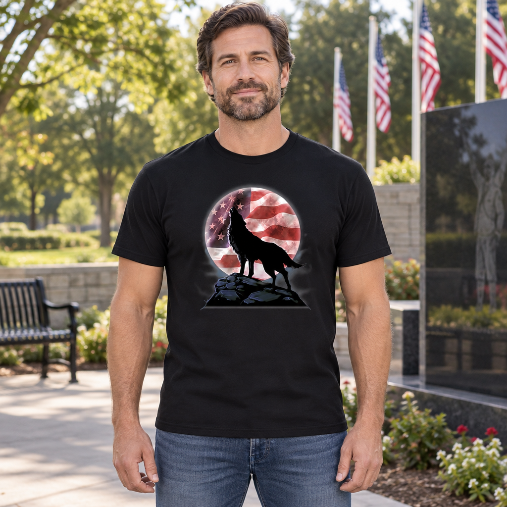 Wolf and American Flag Moon — Black T-Shirt — lifestyle hero