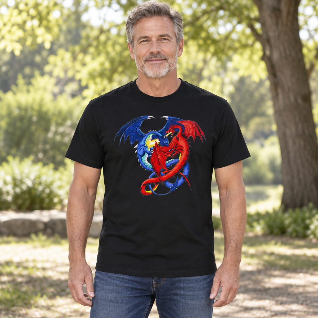 Red and Blue Dragons — Black T-Shirt — lifestyle hero