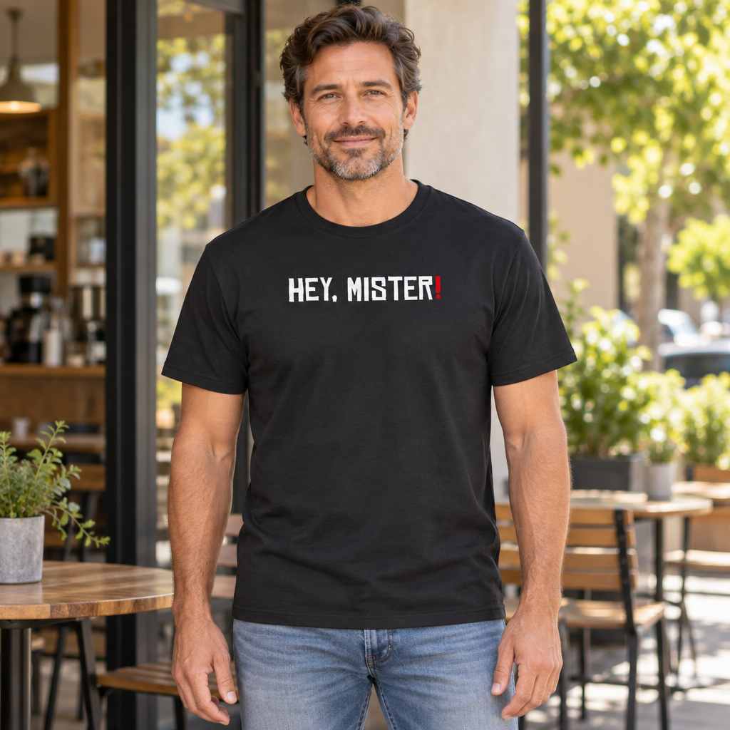 Hey Mister — Black T-Shirt — lifestyle hero