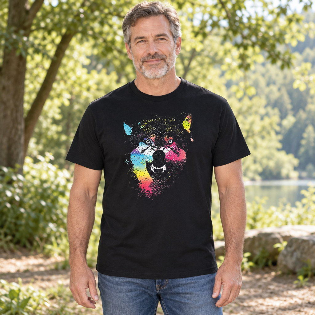 Paint Splatter Wolf — Black T-Shirt — lifestyle hero