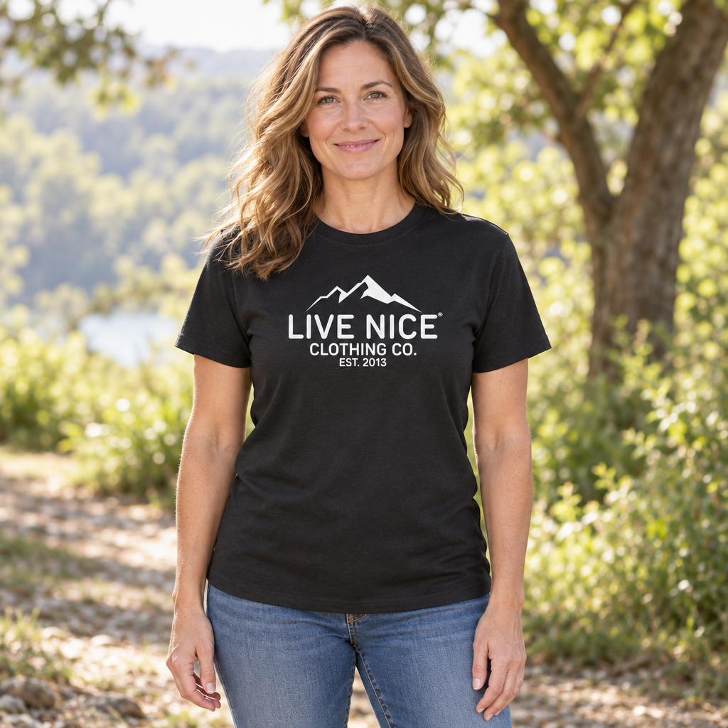 Live Nice Mountain Logo — Black T-Shirt — lifestyle hero