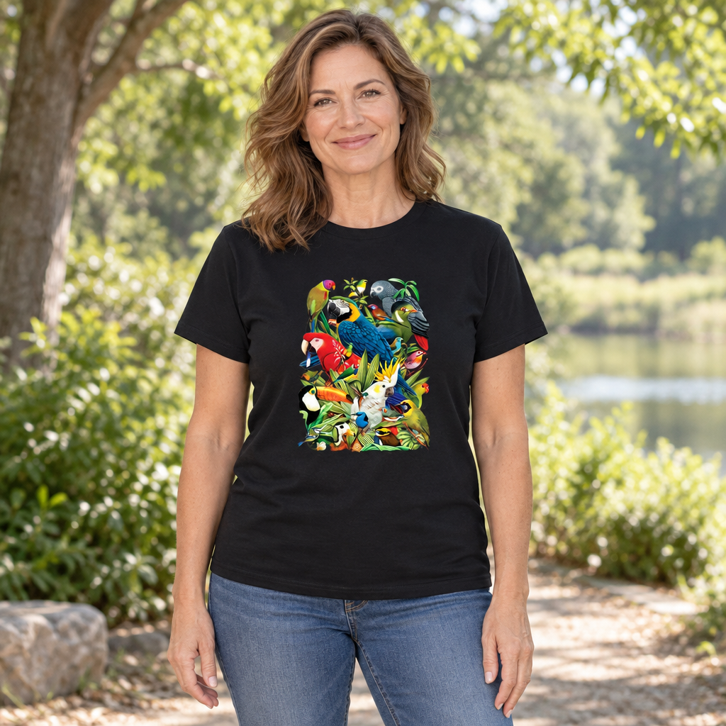 Tropical Birds — Black T-Shirt — lifestyle hero