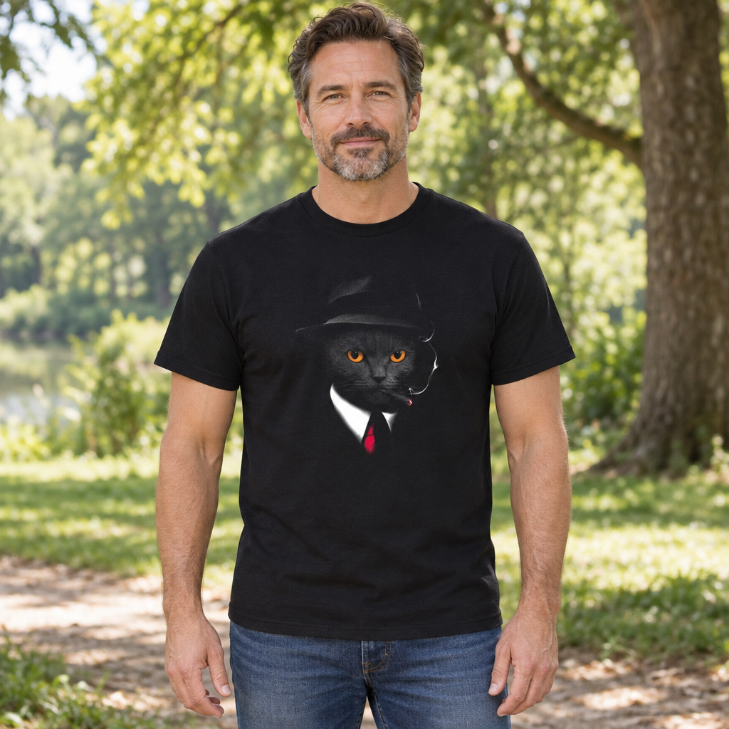 Secret Agent Cat — Black T-Shirt — lifestyle hero