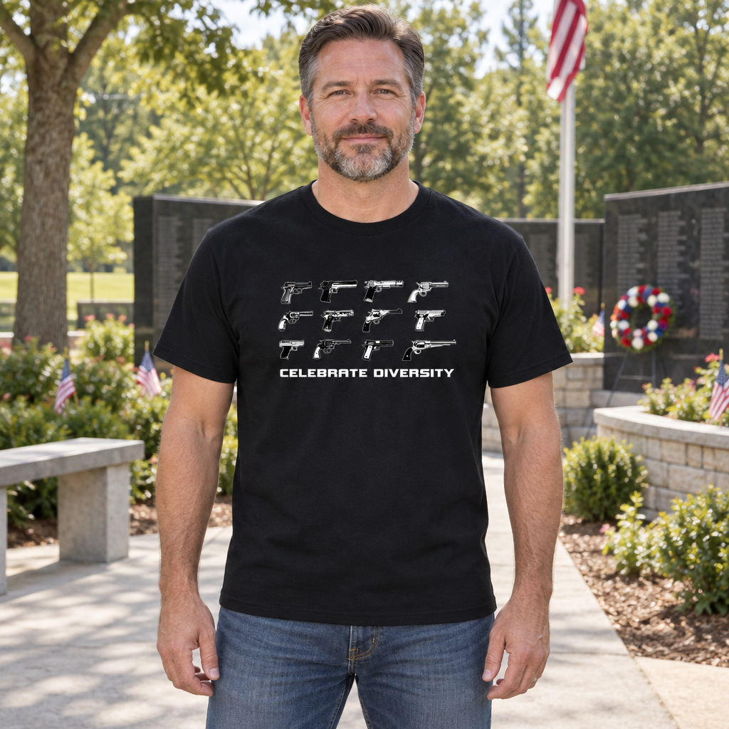 Celebrate Diversity Pistols — Black T-Shirt — lifestyle hero