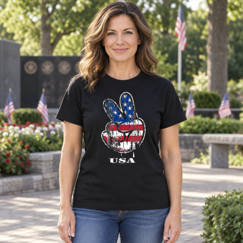 USA Peace Hand — Black T-Shirt — lifestyle hero